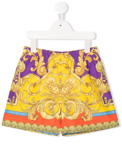 Versace Kids' Baroque-print Slip-on Swim Shorts In Gold