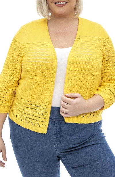 Nina Leonard Pointelle Knit Cardigan In Yellow