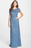 Adrianna Papell Short Sleeve Sequin Mesh Gown In Nile