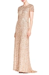 Ag Short Sleeve Sequin Mesh Gown In Champne/ Gold