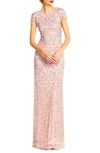 ADRIANNA PAPELL SHORT SLEEVE SEQUIN MESH GOWN,091874600