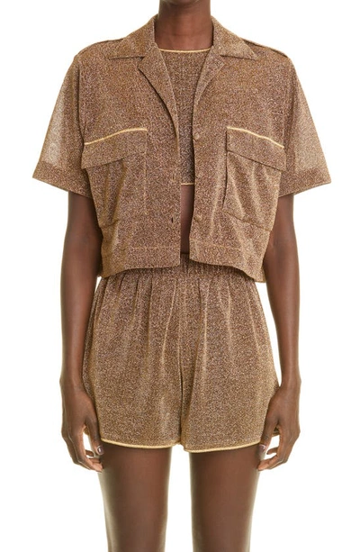 Oseree Lumière Crop Cover-up Bowling Shirt In Gold