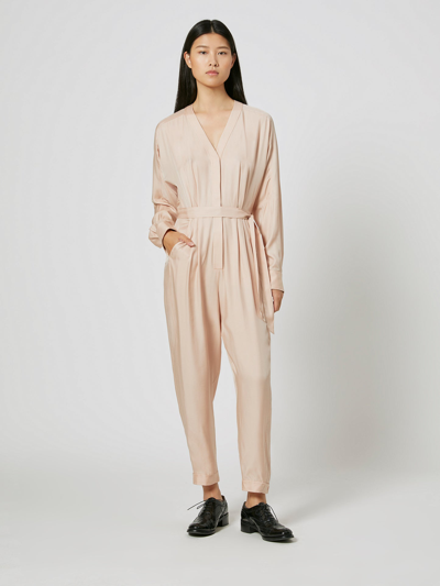 Equipment Pommine Belted Pleated Satin Jumpsuit In Rose Smoke