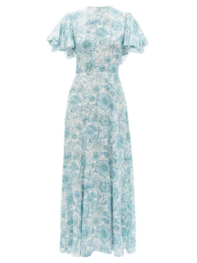 The Vampire's Wife The Light Sleeper Pleated Floral-print Crepe Maxi Dress In Blue Green
