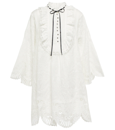 Zimmermann Dancer Tie-neck Lace-trimmed Broderie Anglaise Linen Mini Dress In White
