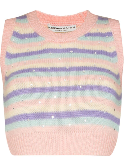 Alessandra Rich Cropped Crystal-embellished Striped Mohair-blend Tank In Pink