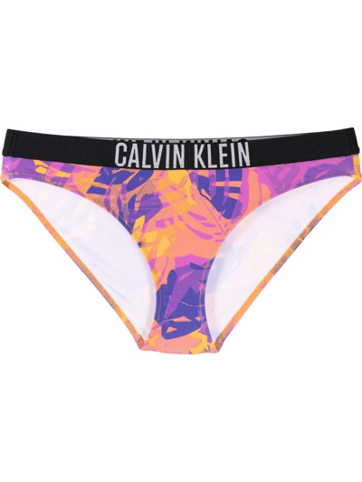 Calvin Klein Botanical-print Logo-waist Bikini Briefs In Orange