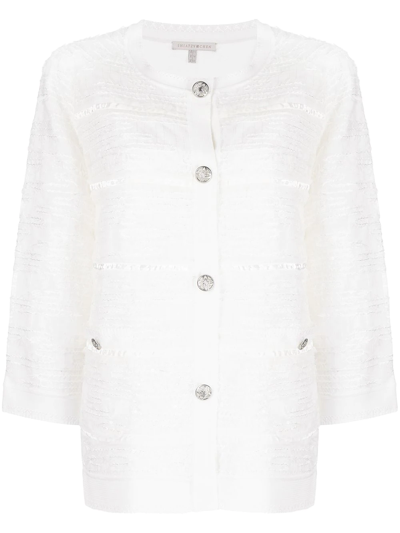 Shiatzy Chen Textured-knit Crop-sleeve Cardigan In White