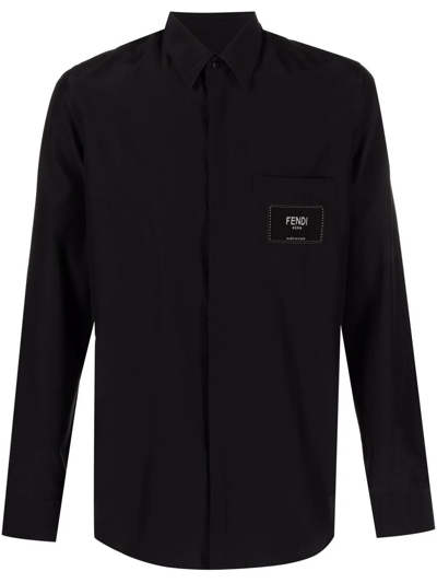 Fendi Logo-patch Button-up Shirt In Black