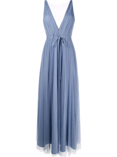 Marchesa Notte Udine Pleated Plunging V-neck Gown In Blau