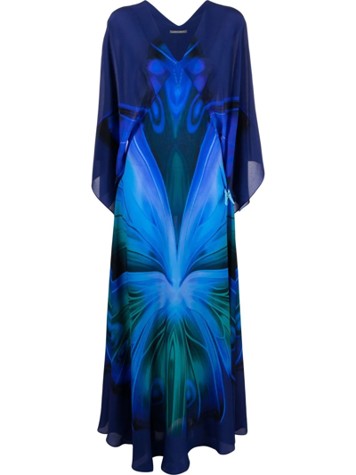 Alberta Ferretti Fluid Butterfly Chiffon Maxi Dress In Blue