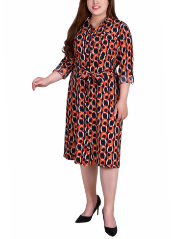 Ny Collection Plus Size Printed Shirt Dress In Circle Chain Orange And Black
