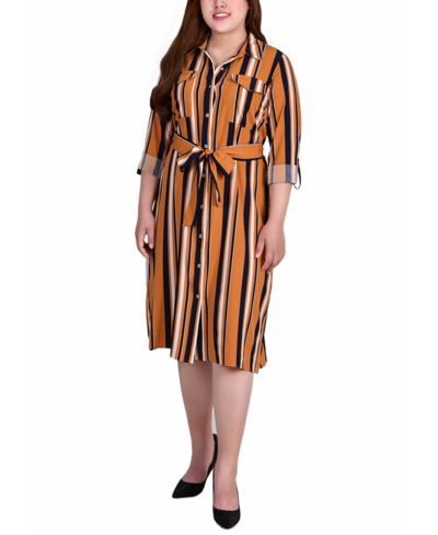 Ny Collection Plus Size Printed Shirt Dress In Mustard Stripe