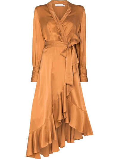 Zimmermann Asymmetric Silk Wrap Dress In Brown