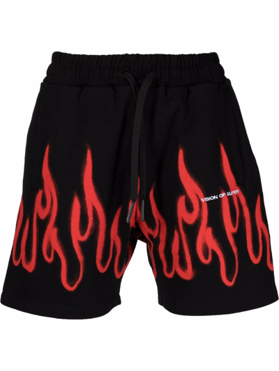 Vision Of Super Embroidered-logo Cotton Track Shorts In Black