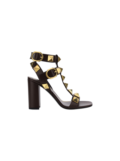 Valentino Garavani Women's  Black Leather Sandals In Brown