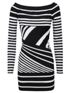 Balmain Stripe Off The Shoulder Long Sleeve Minidress In Eab Noir Blanc
