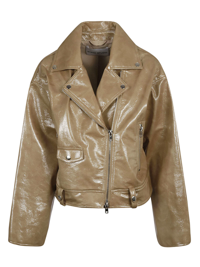 Stand Studio Faux Leather Luminous Biker Jacket In Sand/white