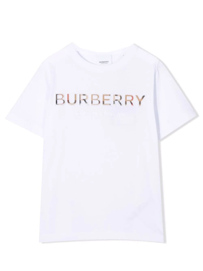 Burberry Kids' Logo刺绣t恤 In White