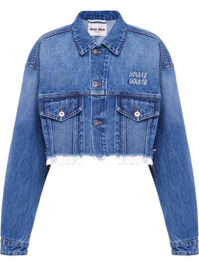 Miu Miu Cropped Denim Jacket In Navy