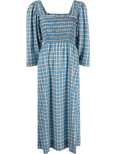 Ganni Smocked Checked Organic Cotton-blend Seersucker Midi Dress In Azure Blue