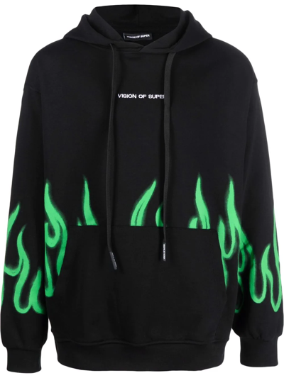 Vision Of Super Flame-print Rib-trimmed Hoodie In Black