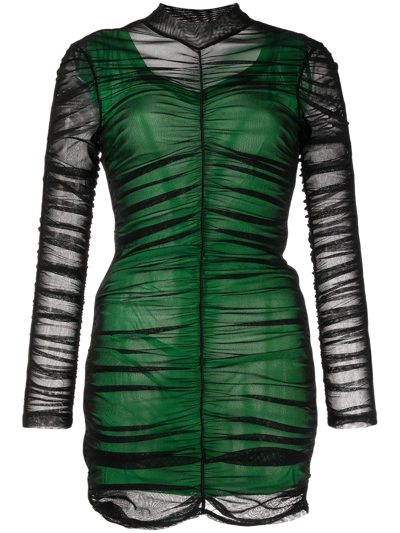 Alexander Wang Double Layer Long Sleeve Stretch Mesh Minidress In Black,green