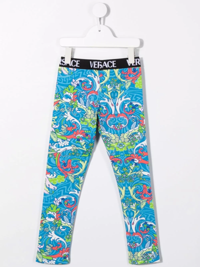 Versace Kids' Barocco-print Cotton Leggings In Blue