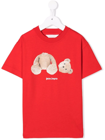 Palm Angels Kids' Teddy Bear-print Cotton T-shirt In Red Brown