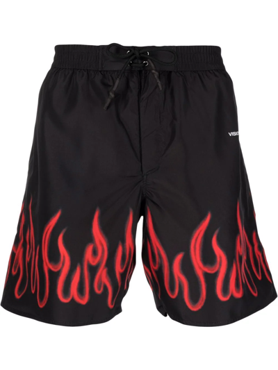 Vision Of Super Red Flame Spray Print Swim Shorts In Black