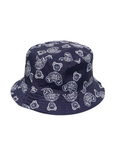 Palm Angels Kids Navy Paisley Bear Bucket Hat In Navy Blue White