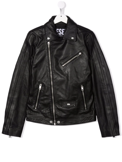 Diesel Teen Zipped Biker Jacket In Black