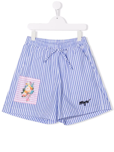 Msgm Teen Patch-detail Striped Shorts In Blue