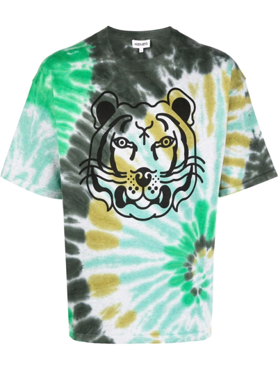 Kenzo Tiger Logo Tie-dye Cotton T-shirt In Green