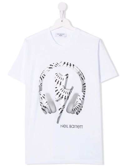 Neil Barrett Kids White T-shirt With Front Logo And Thunderbolt Headphones Print In Bianco