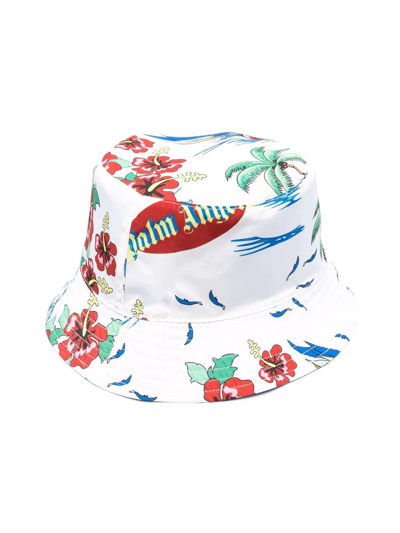 Palm Angels Kids' Tropical Logo-print Bucket Hat In White