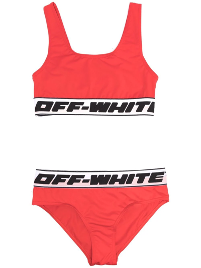 Off-white Kids' Logo弹力科技织物比基尼套装 In Красный