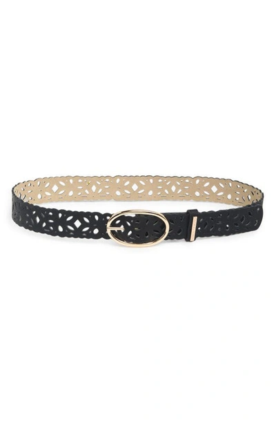 Vince Camuto Lasercut Perforated Faux Leather Belt In Black Gold