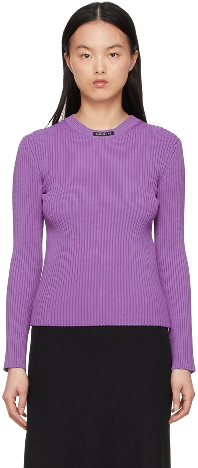 Balenciaga Logo Patch Rib Crewneck Sweater In Lilac