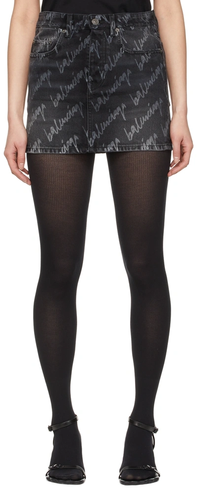 Balenciaga Logo-print Denim Low-waist Mini Skirt In Stonewash Black