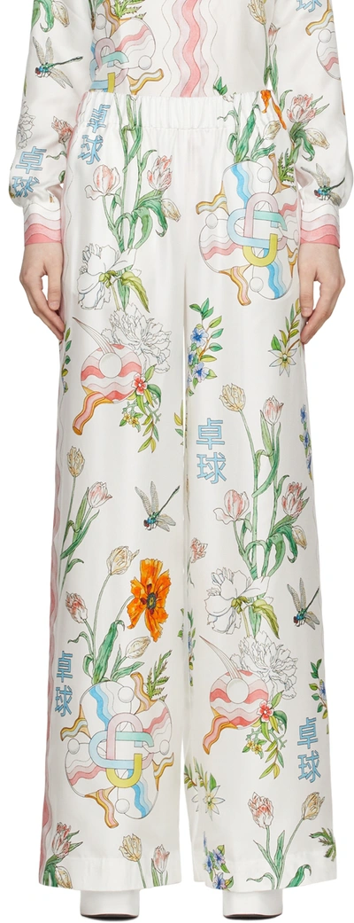 Casablanca Floral-print Wide-leg Silk Trousers In White