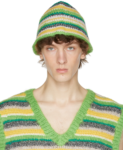 A Personal Note Green Striped Beanie In Green/gray/white