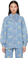 Ganni Ruffled Floral-print Organic Denim Shirt In 685 Bleach Blue