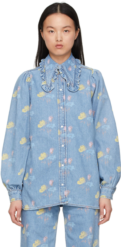 Ganni Ruffled Floral-print Organic Denim Shirt In Blue