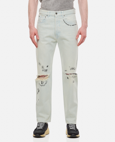 Golden Goose Blue Distressed-effect Text-print Straight-leg Jeans In Red
