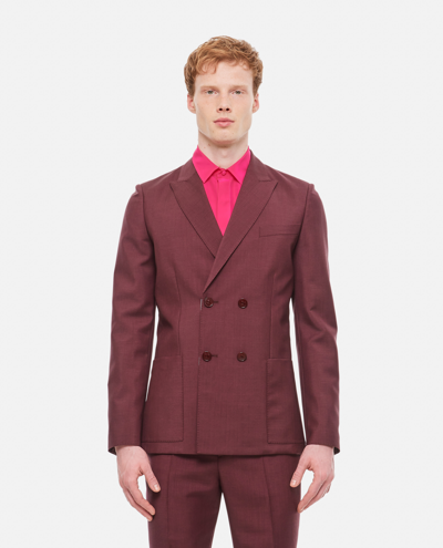 Valentino Double-breasted Mohair-blend Sharkskin Suit Jacket In Burgundy