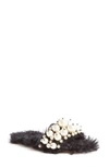 Miu Miu Embellished Faux Fur Slippers In Black