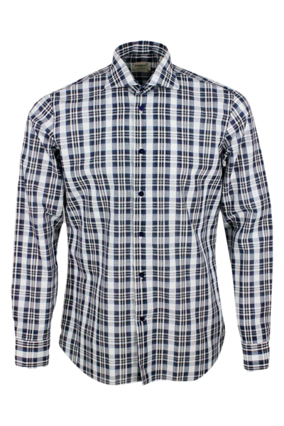 Borriello Napoli Checked Shirt In Cotton And Linen In Blue