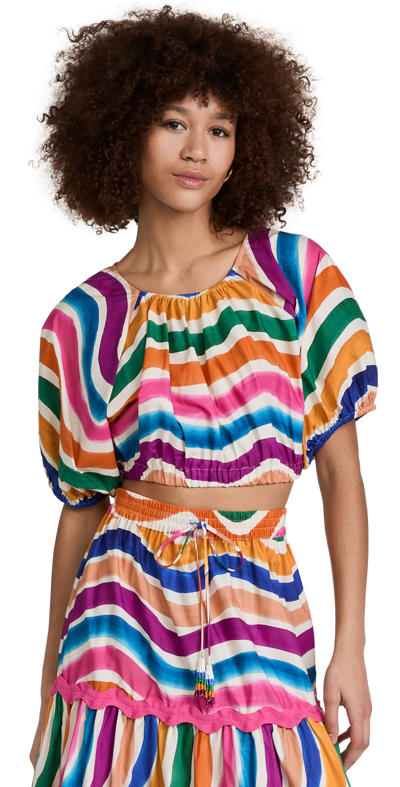 Farm Rio Dancing Stripes Cropped Printed Cotton-poplin Top In Off White