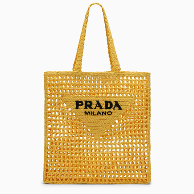 Prada Yellow Logoed Crochet Tote Bag